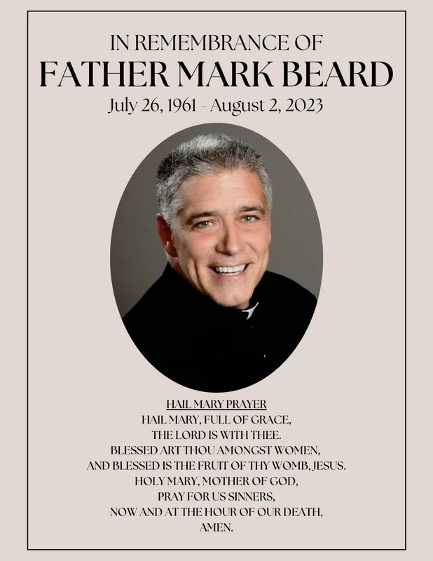 Memorial prayer card for Father Mark Beard, July 16, 1961 to August 2, 2023